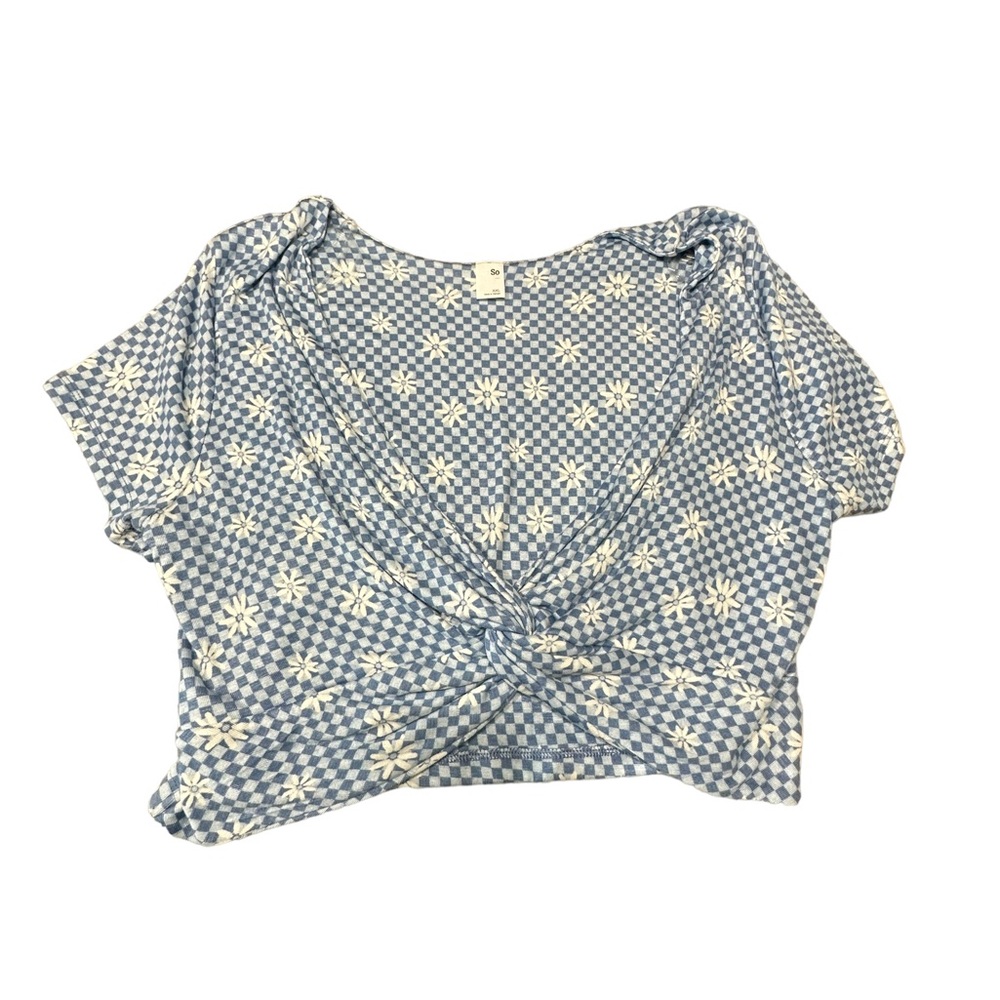 SO Light Blue Daisy Floral Short Sleeved Gingham Crop Top